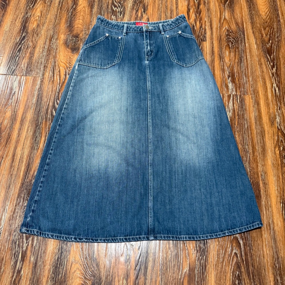 Style J 30 Denim Maxi Skirt Womens Blue Embroidered A-Line Y2K Cotton